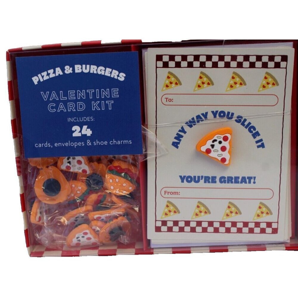 24 Packs Pizza & Burgers Valentine Cards Kids School Classroom W/ Shoe Charms - Picture 2 of 2